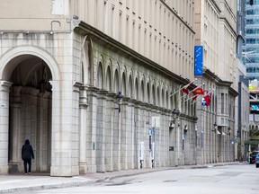 The exterior of 45 The Esplanade, a hotel leased by the city to serve as a shelter for homeless individuals in downtown Toronto, Ont. on Wednesday, Sept. 28, 2022.