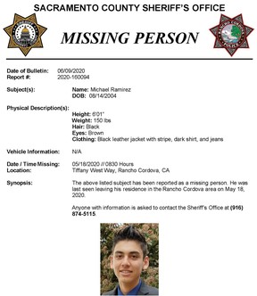 Missing person alert for Michael Ramirez in 2020.