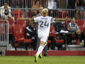 Toronto FC Midfielder Lorenzo Insigne (24) celebrates his goal against Portland Timbers during second half MLS Soccer action in Toronto on Saturday, August 13, 2022. Toronto FC has taken MLS salaries to a new level, with Italian star Insigne making US$14 million annually, according to figures released by the MLS Players Association.THE CANADIAN PRESS/Andrew Lahodynskyj