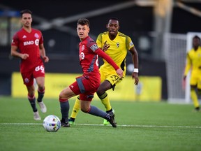 Toronto FC II midfielder Themi Antonoglou is shown in action Sunday, Oct.2, 2022 against Columbus Crew II in the MLS Next Pro Eastern Conference final. Antonoglou scored twice in a losing cause as TFC 2 lost 4-3 after extra time.