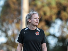 Canada U-17 soccer coach Emma Humphries is shown in an April, 28, 2022 handout photo taken in San Cristobal, Dominican Republic. Canada needs a win and some help Tuesday to stay alive at the FIFA U-17 Women's World Cup.