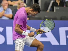 Canada's Felix Auger-Aliassime during his seminfinal match against Spain's Carlos Alcaraz at the Swiss Indoors tennis tournament at the St. Jakobshalle in Basel, Switzerland, on Saturday, October 29, 2022.