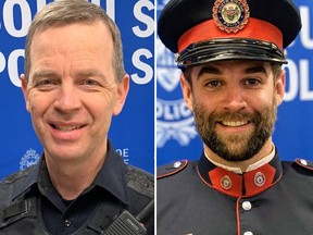 South Simcoe Police Const. Morgan Russell, 54, left, and Const. Devon Northrup, 33, were fatally shot in Innisfil on Tuesday, Oct. 11, 2022.