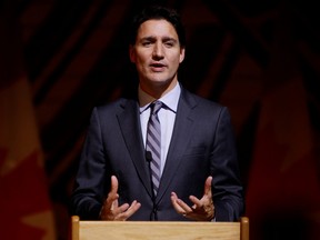 Prime Minister Justin Trudeau speaks during a reception honouring the visit of the Chairperson of the African Union Commission Moussa Faki Mahamat in Gatineau, Que., Oct. 26, 2022.