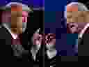 This combination of file pictures created on Oct. 22, 2020 shows Donald Trump and Joe Biden during the final presidential debate at Belmont University in Nashville.