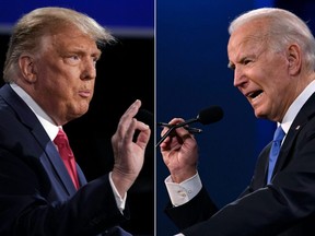 Taken on October 22, 2020, this combination of file images shows Donald Trump and Joe Biden during the final presidential debate at Belmont University in Nashville.