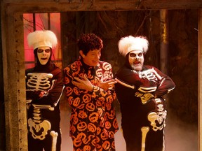 From left, Mikey Day, Tom Hanks and Bobby Moynihan perform during the "David S. Pumpkins" sketch on "Saturday Night Live" on Oct. 29. MUST CREDIT: Will Heath/NBC
