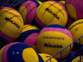 Water polo balls are stored nearby the pool between matches at the Pan Am Games in Markham, Ontario, Thursday, July 9, 2015.
