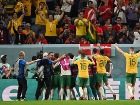 Australia forward Mathew Leckie (C) celebrates with teammates after he scored against Denmark.