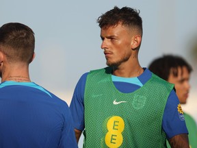 Ben White of England looks on  during the England Training Session at Al Wakrah Stadium.