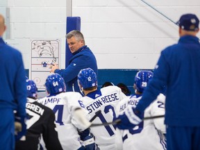 Maple Leafs head coach Sheldon Keefe runs practice at the Ford Performance Centre in Toronto on Tuesday.