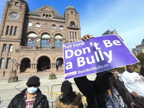 Thousands of demonstrators - concerned citizens, parents and union groups - showed up at Queen's Park and encircled the Legislature filling the front lawns. The group was there to protest the Ontario Conservative government's actions and supporting CUPE workers demands on Friday November 4, 2022.