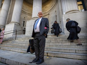Human rights lawyer Julius Grey stands on the steps of the Quebec Court of Appeal in Montreal where hearings on Bill 21 are continuing.