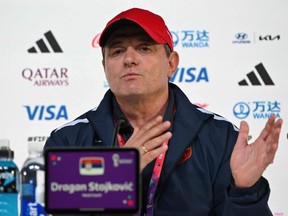 Serbia coach Dragan Stojkovic attends a news conference at the Qatar National Convention Center (QNCC) in Doha on Nov. 27, 2022, on the eve of the Qatar 2022 World Cup football match between Cameroon and Serbia.