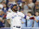 Teoscar Hernandez of the Toronto Blue Jays celebrates his two-run home run in the eighth inning against the Philadelphia Phillies at Rogers Centre on July 13, 2022 in Toronto, Canada.