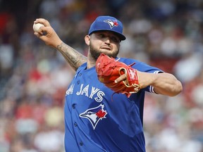 Alek Manoah of the Toronto Blue Jays pitches against the Boston Red Sox during the first inning at Fenway Park on July 23, 2022 in Boston, Massachusetts.