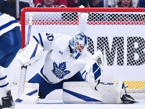 Goaltender Matt Murray of the Toronto Maple Leafs makes a glove save during the first period against the Montreal Canadiens at Centre Bell on October 12, 2022 in Montreal, Quebec.
