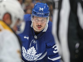 Auston Matthews of the Toronto Maple Leafs sets up on the point for a powerplay against the Boston Bruins during an NHL game at Scotiabank Arena on November 5, 2022 in Toronto, Ontario, Canada.