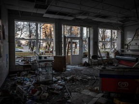A shop lies in ruins in Borodyanka on Nov. 9, 2022 in Kyiv Region, Ukraine.