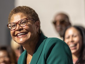 Los Angeles Mayor-elect Karen Bass addresses a news conference after her election win on November 17, 2022 in Los Angeles.   (Photo by David McNew/Getty Images)