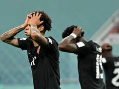 Canada's forward #11 Tajon Buchanan reacts to a missed chance during the Qatar 2022 World Cup Group F football match between Croatia and Canada at the Khalifa International Stadium in Doha on November 27, 2022.