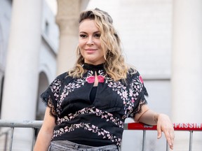 Alyssa Milano attends the Women’s March 4 Reproductive Rights at Pershing Square on October 2, 2021 in Los Angeles. (Emma McIntyre/Getty Images)