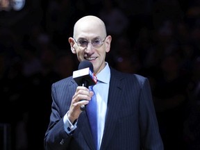 NBA Commissioner Adam Silver speaks to the crowd during a ceremony prior to the game between the Los Angeles Lakers and the Golden State Warriors at Chase Center on October 18, 2022 in San Francisco, California.