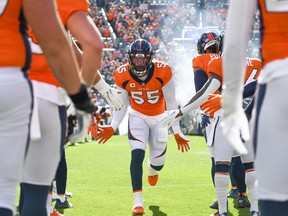 Bradley Chubb #55 of the Denver Broncos during player introductions before the game against the New York Jets at Empower Field At Mile High on October 23, 2022 in Denver, Colorado.