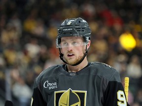 Jack Eichel of the Vegas Golden Knights takes a break during a stop in play in the third period of a game against the Winnipeg Jets in the third period of their game at T-Mobile Arena on October 30, 2022 in Las Vegas, Nevada.