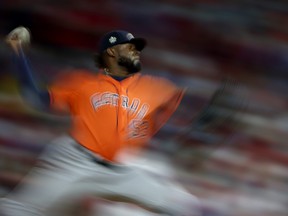 Cristian Javier #53 of the Houston Astros delivers a pitch against the Philadelphia Phillies during the fifth inning in Game Four of the 2022 World Series at Citizens Bank Park on November 02, 2022 in Philadelphia, Pennsylvania.