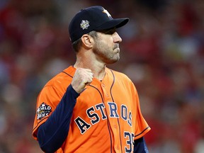 Justin Verlander #35 of the Houston Astros reacts after the end of the fifth inning against the Philadelphia Phillies in Game Five of the 2022 World Series at Citizens Bank Park on November 03, 2022 in Philadelphia.