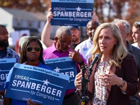 Rep. Abigail Spanberger (D-VA) who is running for re-election speaks to supporters, before they go door to door on Nov. 05, 2022 in Woodbridge, Va.