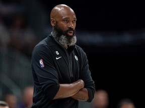 Interim head coach Jacque Vaughn of the Brooklyn Nets looks on in the first quarter during their game against the Charlotte Hornets at Spectrum Center on November 05, 2022 in Charlotte, North Carolina.