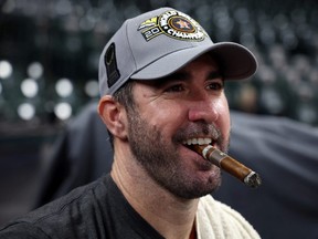 Justin Verlander of the Houston Astros celebrates after defeating the Philadelphia Phillies 4-1 to win the 2022 World Series in Game Six of the 2022 World Series at Minute Maid Park on November 05, 2022 in Houston, Texas.