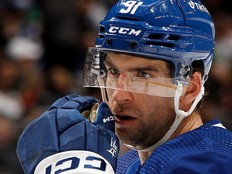 John Tavares of the Toronto Maple Leafs plays against the Pittsburgh Penguins at the Scotiabank Arena on November 11, 2022 in Toronto, Ontario, Canada.