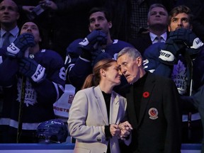 Former Toronto Maple Leaf Borje Salming is honored during a pregame ceremony prior to the game between the Toronto Maple Leafs at the Scotiabank Arena on November 11, 2022 in Toronto, Ontario, Canada. Salming, joined with his wife Pia,  was diagnosed with ALS earlier this year. at the Scotiabank Arena on November 12, 2022 in Toronto, Ontario, Canada.