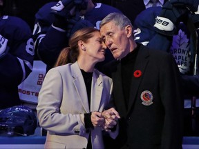 Former Toronto Maple Leaf Borje Salming is honoured during a pregame ceremony prior to the game between the Toronto Maple Leafs at the Scotiabank Arena on November 11, 2022 in Toronto.
