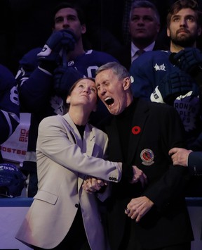 TORONTO, CANADA - NOVEMBER 12: Former Toronto Maple Leaf Borje Salming is honored during a pregame ceremony prior to the game between the Toronto Maple Leafs at the Scotiabank Arena on November 11, 2022 in Toronto, Ontario, Canada. Salming, joined with his wife Pia,  was diagnosed with ALS earlier this year. at the Scotiabank Arena on November 12, 2022 in Toronto, Ontario, Canada. (Photo by Bruce Bennett/Getty Images)