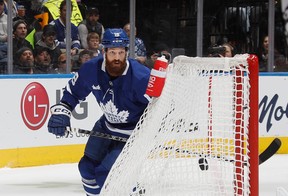 Jordie Benn scores his first goal as a Maple Leaf against the Vancouver Canucks during the second period at the Scotiabank Arena on November 12, 2022 in Toronto, Ontario, Canada. (Photo by Bruce Bennett/Getty Images)