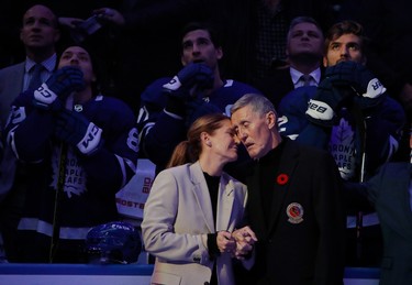 TORONTO, CANADA - NOVEMBER 12: Former Toronto Maple Leaf Borje Salming is honored during a pregame ceremony prior to the game between the Toronto Maple Leafs at the Scotiabank Arena on November 12, 2022 in Toronto, Ontario, Canada. Salming, joined with his wife Pia,  was diagnosed with ALS earlier this year. (Photo by Bruce Bennett/Getty Images)