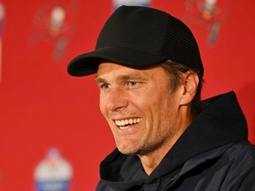 Tom Brady of the Tampa Bay Buccaneers speaks to the media after their side's victory in the NFL match between Seattle Seahawks and Tampa Bay Buccaneers at Allianz Arena on November 13, 2022 in Munich, Germany.