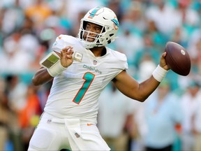 Tua Tagovailoa of the Miami Dolphins throws in the fourth quarter of the game against the Cleveland Browns at Hard Rock Stadium on November 13, 2022 in Miami Gardens, Florida.