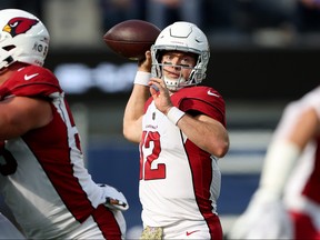 Colt McCoy of the Arizona Cardinals passes the bduring a game against the Los Angeles Rams at SoFi Stadium on November 13, 2022 in Inglewood, California.