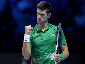 Novak Djokovic of Serbia celebrates while playing Andrey Rublev of Russia during round robin play on Day Four of the Nitto ATP Finals at Pala Alpitour on November 16, 2022 in Turin, Italy.