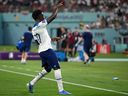 England's Bukayo Saka celebrates scoring his team's fourth goal during the FIFA World Cup Qatar 2022 Group B match between England and IR Iran in Doha, Qatar, 21 November 2022.