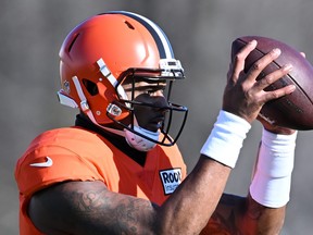 Deshaun Watson of the Cleveland Browns runs a drill during a practice at CrossCountry Mortgage Campus on November 23, 2022 in Berea, Ohio. (Photo by /