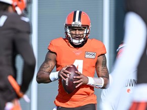 Deshaun Watson of the Cleveland Browns runs a drill during a practice at CrossCountry Mortgage Campus on November 23, 2022 in Berea, Ohio.