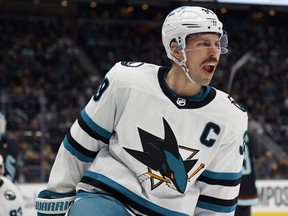 Logan Couture of the San Jose Sharks celebrates his goal during the first period against the Seattle Kraken at Climate Pledge Arena on November 23, 2022 in Seattle, Washington.