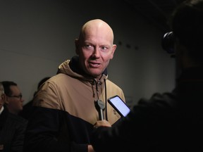 Mats Sundin speaks to reporters prior to the Hockey Hall of Fame Legends Classic game at Scotiabank Arena on Sunday.