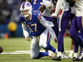 Josh Allen of the Buffalo Bills reacts after rushing for a first down against the Minnesota Vikings.